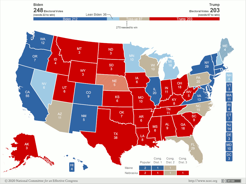 Map of the US showing states that support Joe Biden, and their electoral vote totals.
