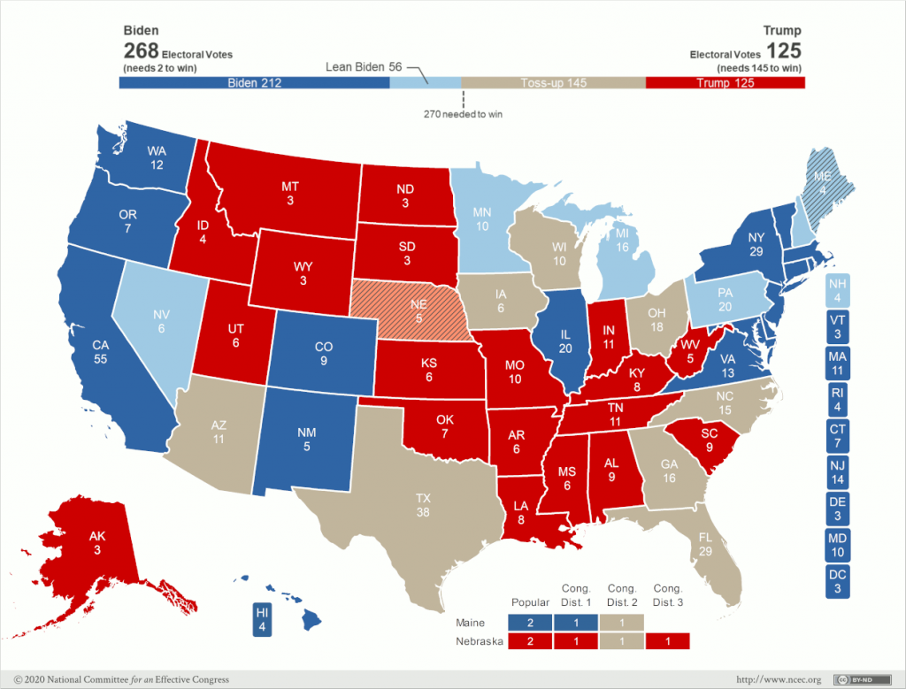 Map of the US showing states that support Joe Biden, and their electoral vote totals.